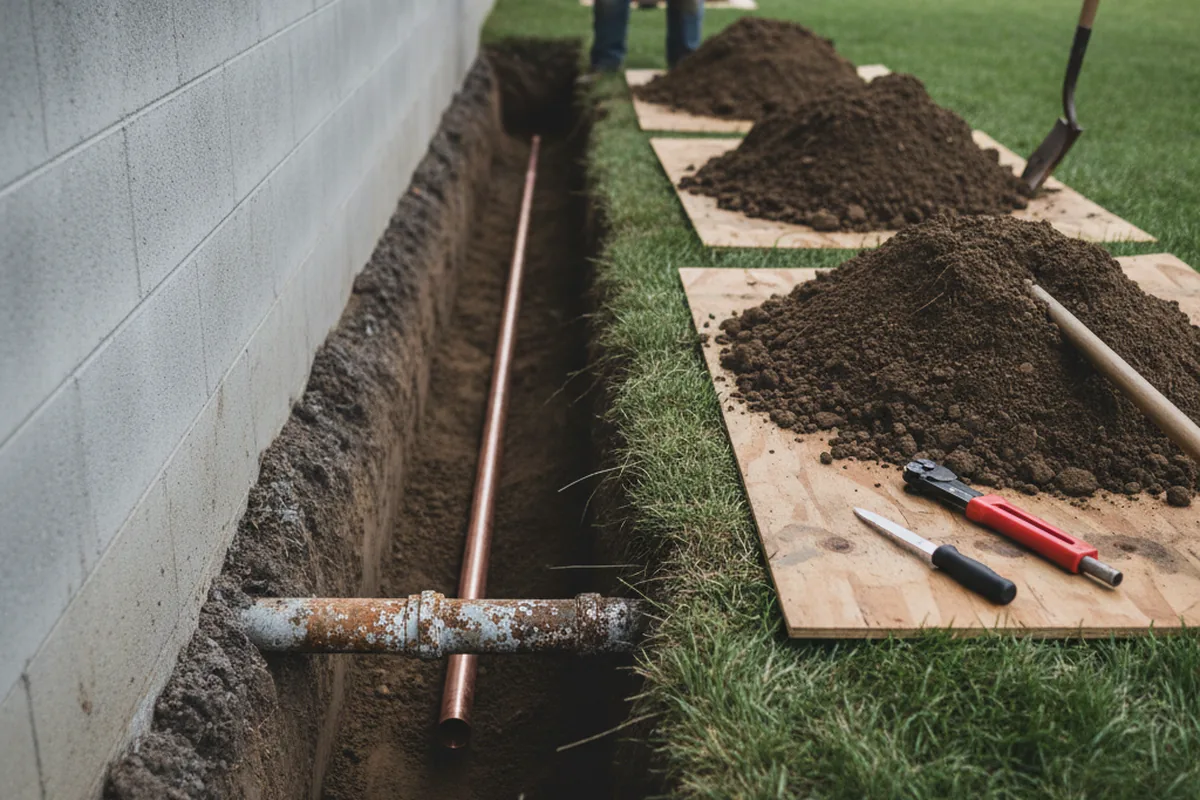 Excavated water line trench during Water Heater Repair in Holden